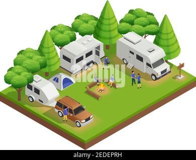 Véhicules récréatifs composition isométrique avec remorques et vecteur forestier illustration Illustration de Vecteur