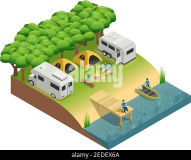 Véhicules récréatifs à la composition isométrique du lac avec tentes et illustration du vecteur de forêt Illustration de Vecteur