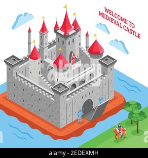 Composition de château royal européen de couleur isométrique du Moyen-âge avec accueil à l'illustration vectorielle de description de château médiéval Illustration de Vecteur