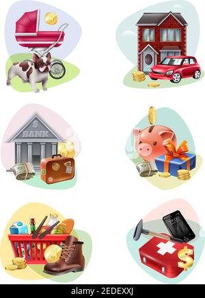 Icône de dépenses financières colorées et isolées définir les gens dépenser la plupart de l'argent pour la description des besoins illustration de vecteur Illustration de Vecteur