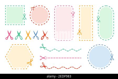 Ensemble de ciseaux de coupe de couleur. Bordure de coupon pointillée symbole de réduction bord tranchant. Cercle en pointillés, carré et rectangle. Apposez une étiquette sur l'affiche de rabais. Illustration vectorielle Illustration de Vecteur