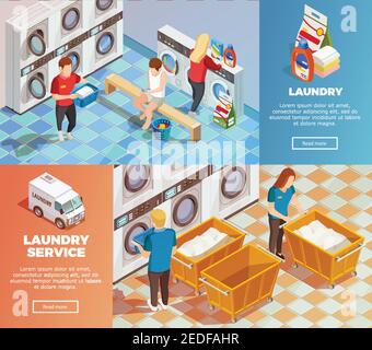 Service de blanchisserie horizontal coloré avec installations pour le séchage du linge et les bannières de nettoyage définissent l'illustration vectorielle isolée isométrique Illustration de Vecteur