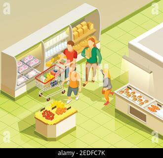 Une épicerie de week-end familiale dans un supermarché vue isométrique avec produits laitiers et poisson frais sur illustration vecteur de glace Illustration de Vecteur