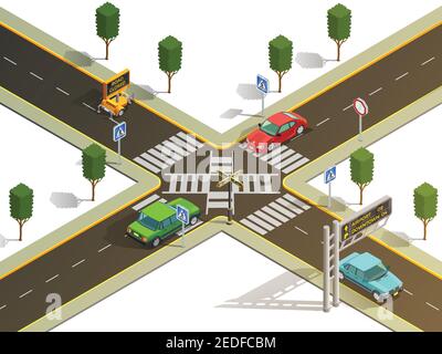 Ville banlieue carrefour navigation vue isométrique avec panneaux de signalisation piéton illustration de zebra crossing et de cars vector Illustration de Vecteur