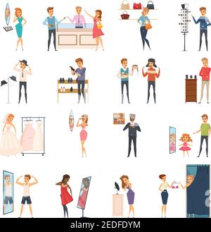 Jeu de couleurs et isolées de l'atelier d'essai plat personnes icône avec essayer de porter des vêtements dans l'illustration vectorielle du magasin Illustration de Vecteur