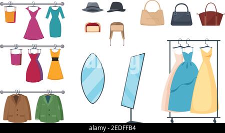 Ensemble d'icônes de magasin de vêtements isolés et colorés avec éléments et attribue les vêtements sur les cintres et l'illustration vectorielle des accessoires Illustration de Vecteur