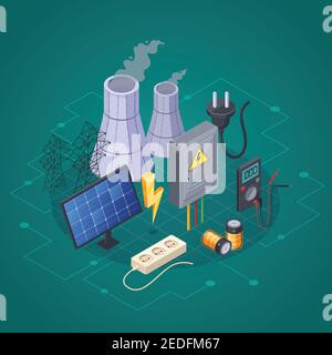 Composition isométrique d'électricité avec vecteur de symboles d'énergie et d'énergie électrique illustration Illustration de Vecteur