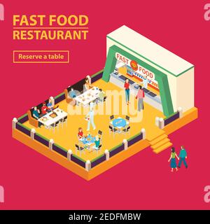 Bannière carrée de restauration rapide avec intérieur isométrique de la cour d'alimentation et personnages de personnes avec illustration vectorielle de bouton de table de réserve Illustration de Vecteur