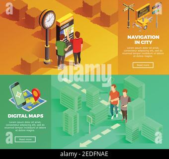 Navigation urbaine horizontale colorée avec cartes numériques, ensemble de bannières isométriques illustration vectorielle isolée Illustration de Vecteur