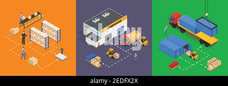 Trois compositions carrées de couleur sur le thème de l'entrepôt avec des marchandises de camions Étagères et travailleurs dans l'illustration du vecteur de conception isométrique Illustration de Vecteur