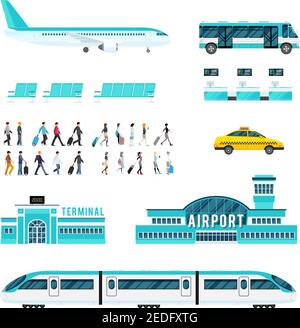 Ensemble d'icônes avec les personnes de l'aéroport avec le transport de bagages y compris illustration d'un vecteur isolé de taxi en avion de train Illustration de Vecteur