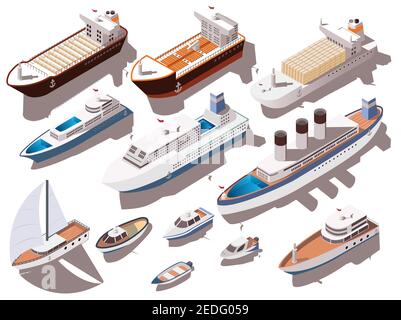 Navires et bateaux de différentes tailles ensemble isométrique coloré isolé sur fond blanc, illustration vectorielle 3d Illustration de Vecteur