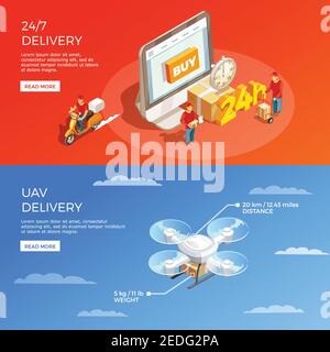 Bannières horizontales de livraison avec achat en ligne 24 h/24 et illustration vectorielle isométrique des compositions de drone courier Illustration de Vecteur