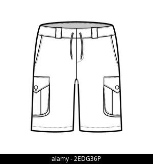 Short cargo technique mode illustration avec mi-cuisse, taille basse, taille, cassé, poche à soufflets, . Modèle de fond plat des Bermudes à l'avant, de couleur blanche. Maquette CAD pour femmes et hommes Illustration de Vecteur