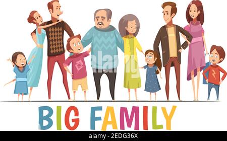 Grand portrait de famille heureux et harmonieux avec grands-parents deux jeunes couples et illustration vectorielle de dessin animé pour petits enfants Illustration de Vecteur