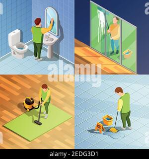 Nettoyage conception isométrique 2x2 concept avec des personnes laver le plancher de fenêtre et éléments de l'illustration vectorielle de l'espace de bureau Illustration de Vecteur