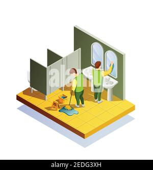 Nettoyage de la composition isométrique avec l'intérieur de la salle de toilettes publiques et deux nettoyage des sols et miroirs pour hommes illustration vectorielle Illustration de Vecteur