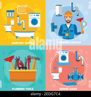 Plomber la composition 2x2 avec des images plates de caractère de technicien sanitaire illustration vectorielle des tubes pour réparer les fuites et des outils de plomberie Illustration de Vecteur