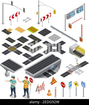 Ensemble d'icônes isométriques montrant les éléments constructeur des sections de route avec des marquages et des panneaux de signalisation Illustration de Vecteur