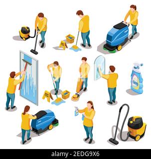 Nettoyage personnes icônes isométriques de couleur ensemble avec des hommes et des femmes illustration du vecteur isolé de lavage et d'aspiration Illustration de Vecteur