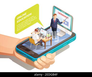 Concept isométrique de l'enseignement en ligne avec smartphone à main et professeur et étudiant en haut de l'illustration vectorielle de l'écran Illustration de Vecteur