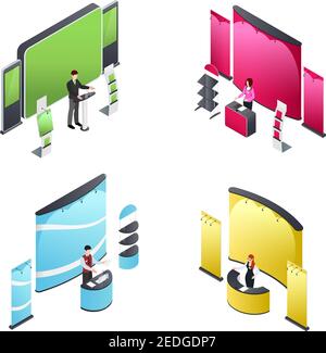 Compositions isométriques avec des personnes et des stands d'exposition de différentes couleurs y compris des bannières et des étagères illustration vectorielle isolée Illustration de Vecteur