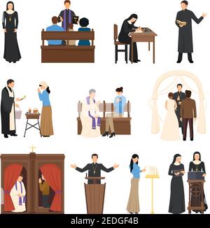 Jeu de personnages religieux à motif plat avec le prêtre du pape nun clergyman réverbération isolée sur fond blanc illustration vectorielle Illustration de Vecteur