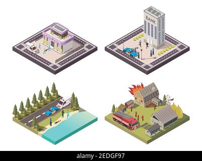 Les agents des services de secours aident les personnes dans différents endroits 2x2 isométriques ensemble de composition isolé sur fond blanc illustration 3d vectorielle Illustration de Vecteur