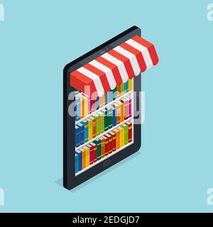 Conception de librairie en ligne, y compris les étagères sur un périphérique mobile avec rayures illustration du vecteur isométrique de l'auvent sur fond bleu Illustration de Vecteur