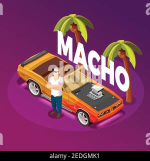 Macho homme debout bras croisés près d'une voiture de luxe à toit ouvert illustration vectorielle d'image isométrique de complexe tropical Illustration de Vecteur