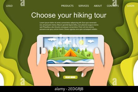 Camping d'été et randonnée page d'atterrissage conception, bannière de site Web, modèle mobile. Illustration vectorielle en style papier. Illustration de Vecteur