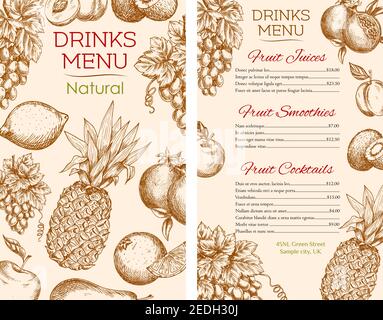 Menu de boissons croquis pour des jus de fruits frais, boissons, smoothie et cocktails de vecteur naturel sain fruits de la ferme bio citron citron avec le groupe de raisin a Illustration de Vecteur