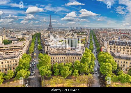 Paris France, vue panoramique, vue sur la ville à la Tour Eiffel depuis l'Arc de Triomphe Banque D'Images