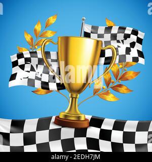 Trophée gagnant de la course d'or avec branches de couronne de Laurier dorée sur l'illustration du vecteur d'arrière-plan bleu du drapeau à damier Illustration de Vecteur
