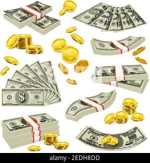 Pièces d'or en cents de cuivre et billets en monnaie américaine avec dollar illustration vectorielle de la collection d'images realistic money de symbol Illustration de Vecteur
