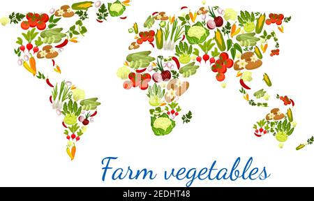 Légumes et légumes verts en forme de carte du monde. Légumes vectoriels courge zucchini et asperges, betterave et chou, pomme de terre biologique, tomate fraîche et concombre Illustration de Vecteur