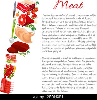 Affiche sur les produits de viande et les faits nutritionnels. Page vecteur d'information ou de recette avec des produits de viande filet de boeuf filet de filet de filet ou de sirloin, bacon de porc ou lar Illustration de Vecteur