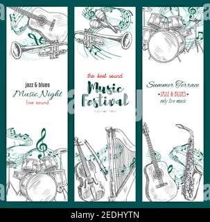 Bannières avec instruments de musique. Dessin vectoriel pour festival de musique jazz. Jeu vertical de sax ou saxophone et clef note, harpe et trompette Illustration de Vecteur
