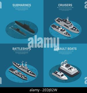 Quatre bateaux militaires carrés Isométrique icône ensemble avec des croisières sous-marins description des navires de guerre et des bateaux d'assaut illustration vectorielle Illustration de Vecteur