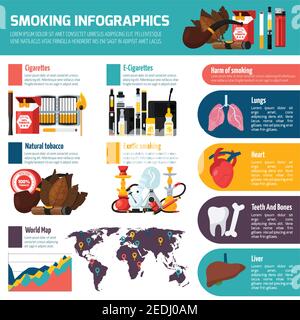 Modèle d'infographies sur le tabagisme avec statistiques sur le tabac naturel et le nargua utilisation et danger de fumer information illustration vectorielle plate Illustration de Vecteur