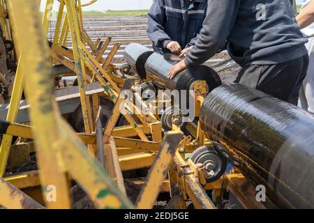 Un tracteur équipé d'un équipement agricole dans le même passage distribue l'engrais, pose les lignes d'irrigation et roule une série de paillis en plastique. Banque D'Images