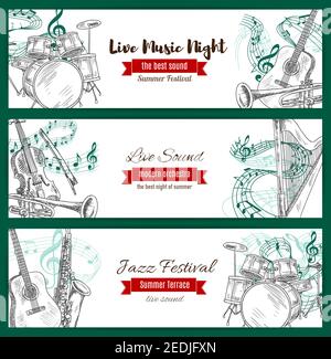 Banderoles de festival de musique jazz avec croquis d'instruments de musique. Guitare acoustique vectoriel et piano avec arc de violon, sax ou saxophone et note de clef STAV Illustration de Vecteur