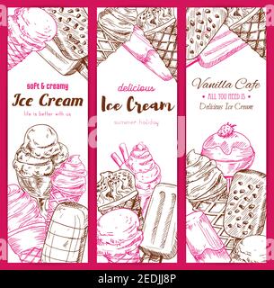 Banderoles à croquis vectorisées de crème glacée. Assortiment de desserts fruités surgelés eskimo glacé avec crème fouettée, glace aux fruits avec gaufrettes et chocolat Illustration de Vecteur