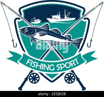 Icône pêche. Badge du club de sport de pêche ou de l'industrie pour un voyage de pêcheur. Emblème ou signe isolé de vecteur avec canne à pêche avec crochet, filet de pêche et pêcheur Illustration de Vecteur