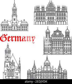 Monuments et bâtiments historiques allemands. Église Vector Tomaskirche, Rathaus d'Augsbourg, basilique de Birnau ou de Wallfahrtskirche, ancien hôtel de ville et nouveau à Illustration de Vecteur