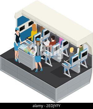 Intérieur d'avion coloré composition isométrique avec déjeuner à bord les préposés transportent la nourriture aux passagers illustration vectorielle Illustration de Vecteur