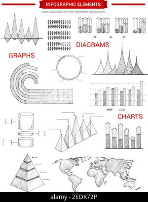 Éléments d'esquisse d'infographie ou graphiques d'infographies vectorielles et icônes ensemble de graphiques d'entreprise, diagramme de pyramide, carte de statistiques démographiques mondiales, dyn de croissance Illustration de Vecteur