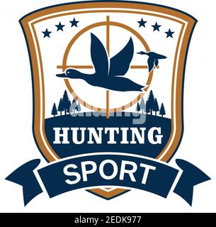Emblème ou icône de club de sport de chasse avec canard volant ou oiseau d'oie sur le but du tombola. Hunter faune et la chasse aventure isolé bouclier bleu et côte Illustration de Vecteur