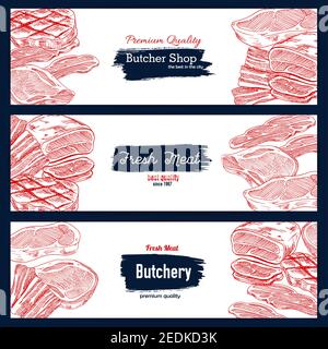 Viande fraîche, ensemble de bannières de boucher. Steak de bœuf esquissé et filet rôti, bacon, jambon et poitrine de porc en tranches. Boucherie, élevage, marché de la viande Illustration de Vecteur