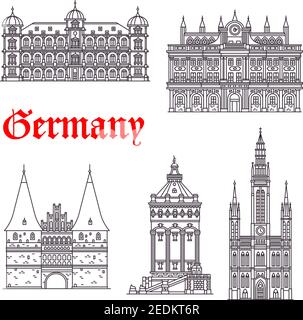 Architecture historique allemande et sites touristiques. Vecteur de lignes fines icônes de l'Hôtel de ville, le Palais Gottesaue à Karlsruhe, le musée Holstenor, Wasserturm remorquage d'eau Illustration de Vecteur